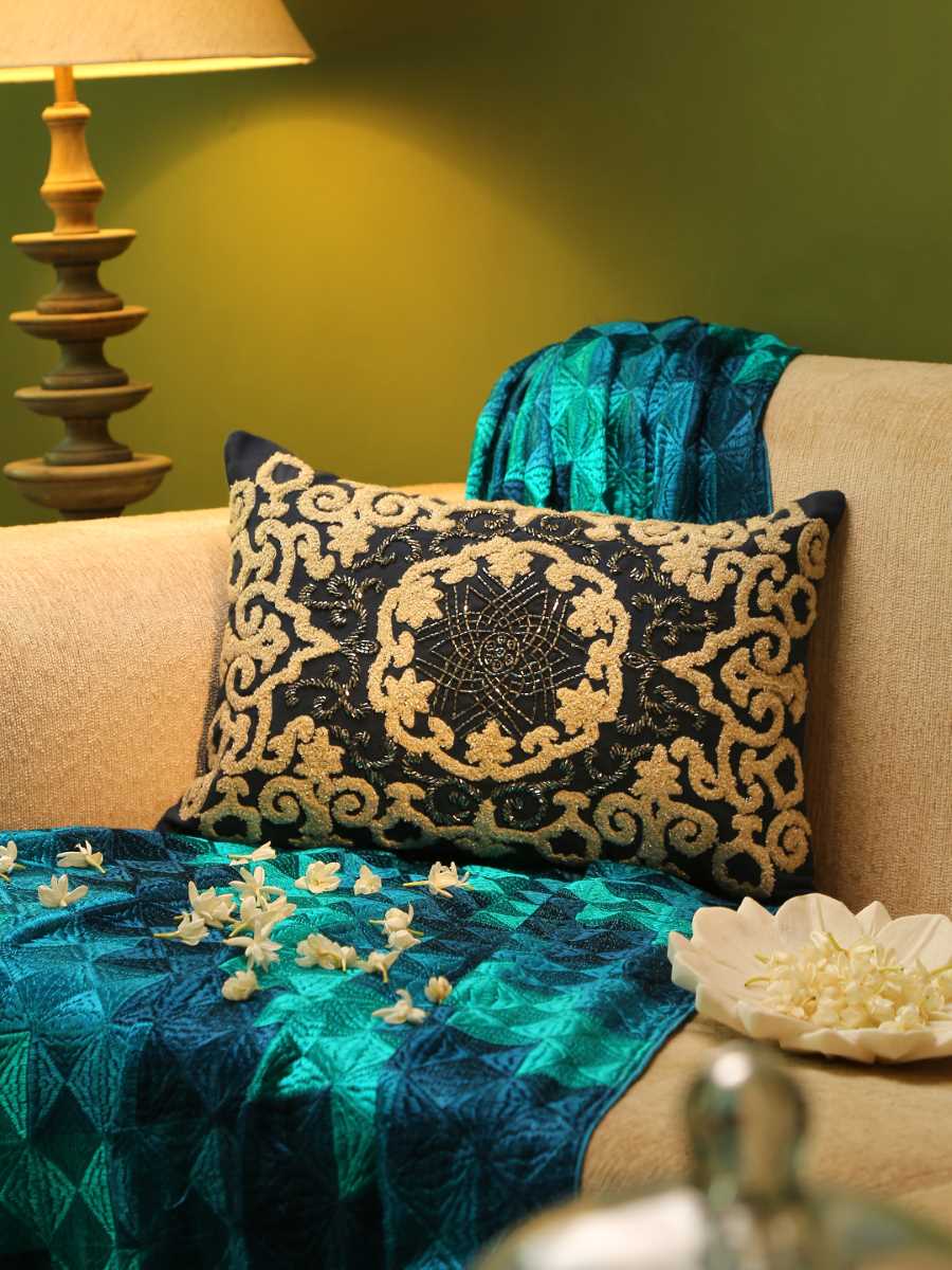 Blue & Ivory Pillow Style Embroidered Cushion Cover