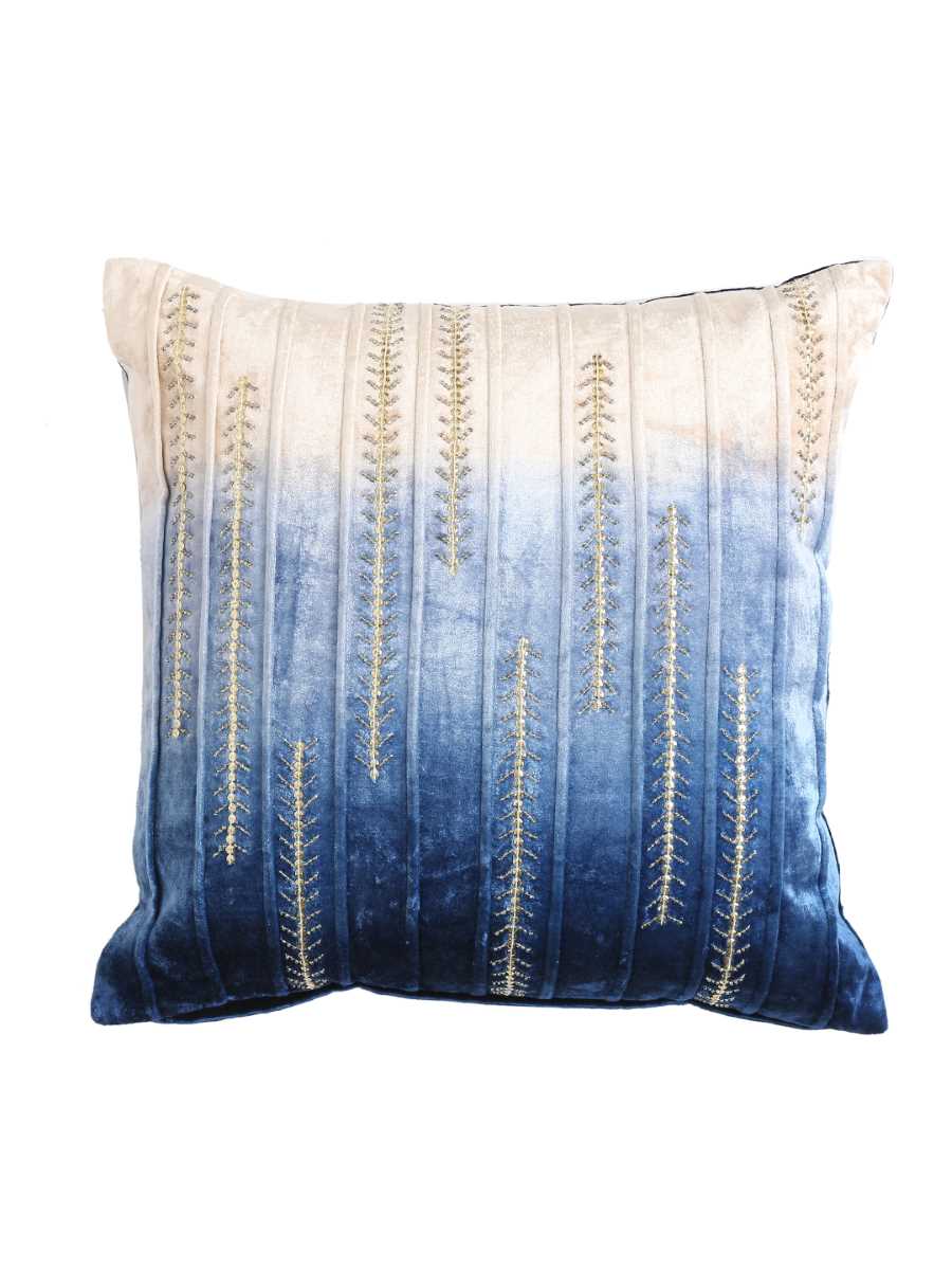Blue Beige Ombre Velvet Cushion Cover with Embroidery & Bead Work