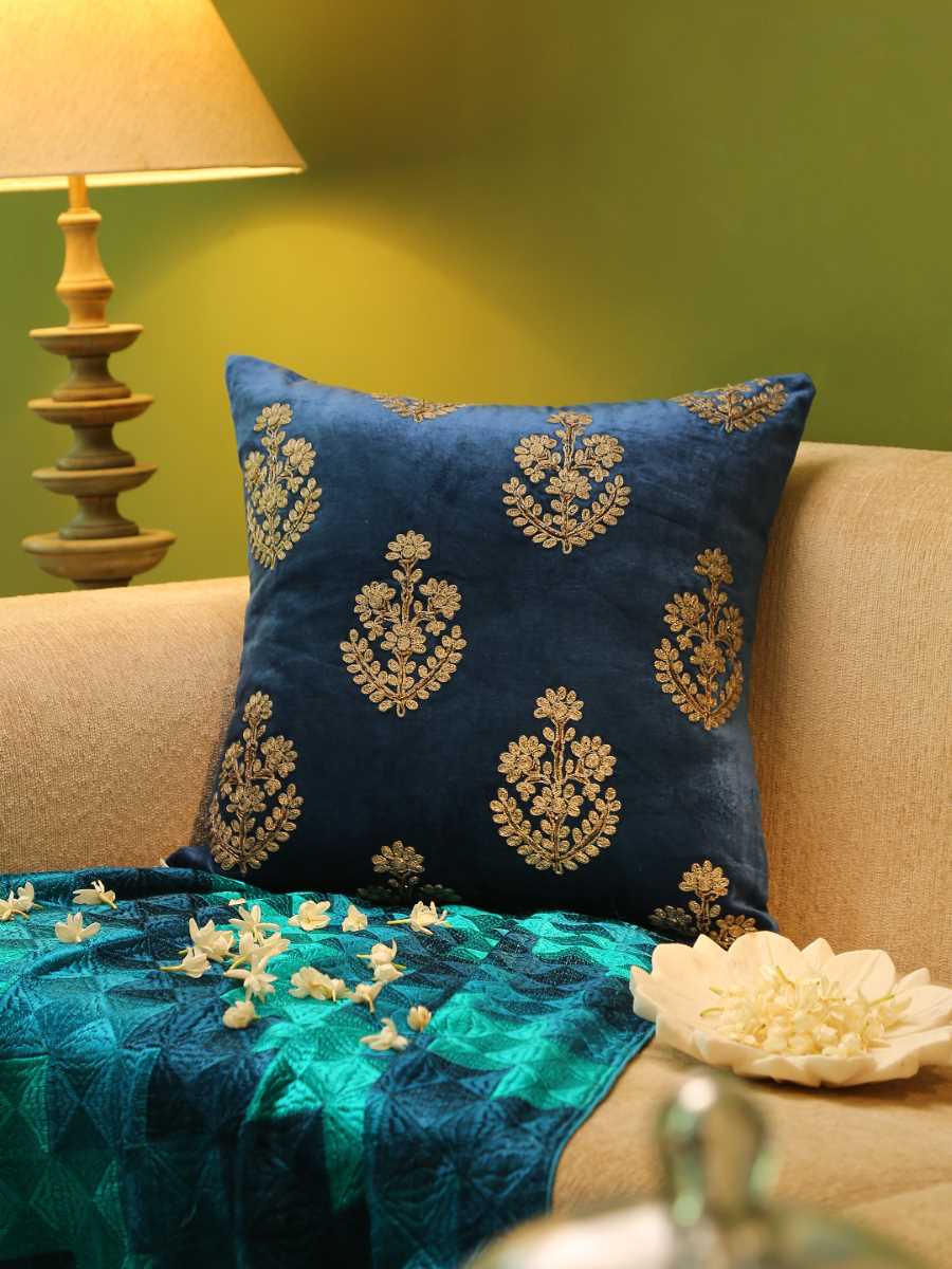 Blue Velvet Zari Embroidery And Hand Beaded Cushion Cover