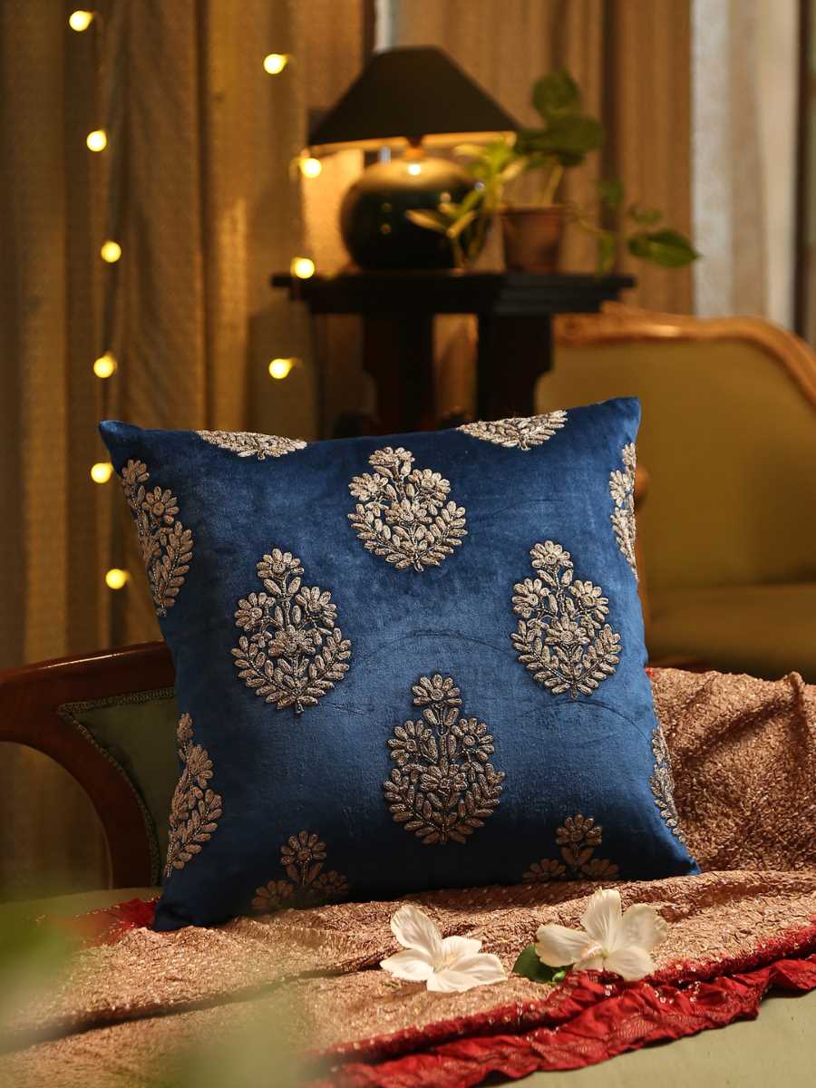 Blue Velvet Zari Embroidery And Hand Beaded Cushion Cover