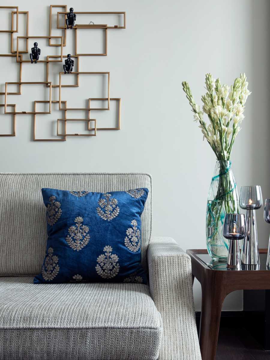 Blue Velvet Zari Embroidery And Hand Beaded Cushion Cover