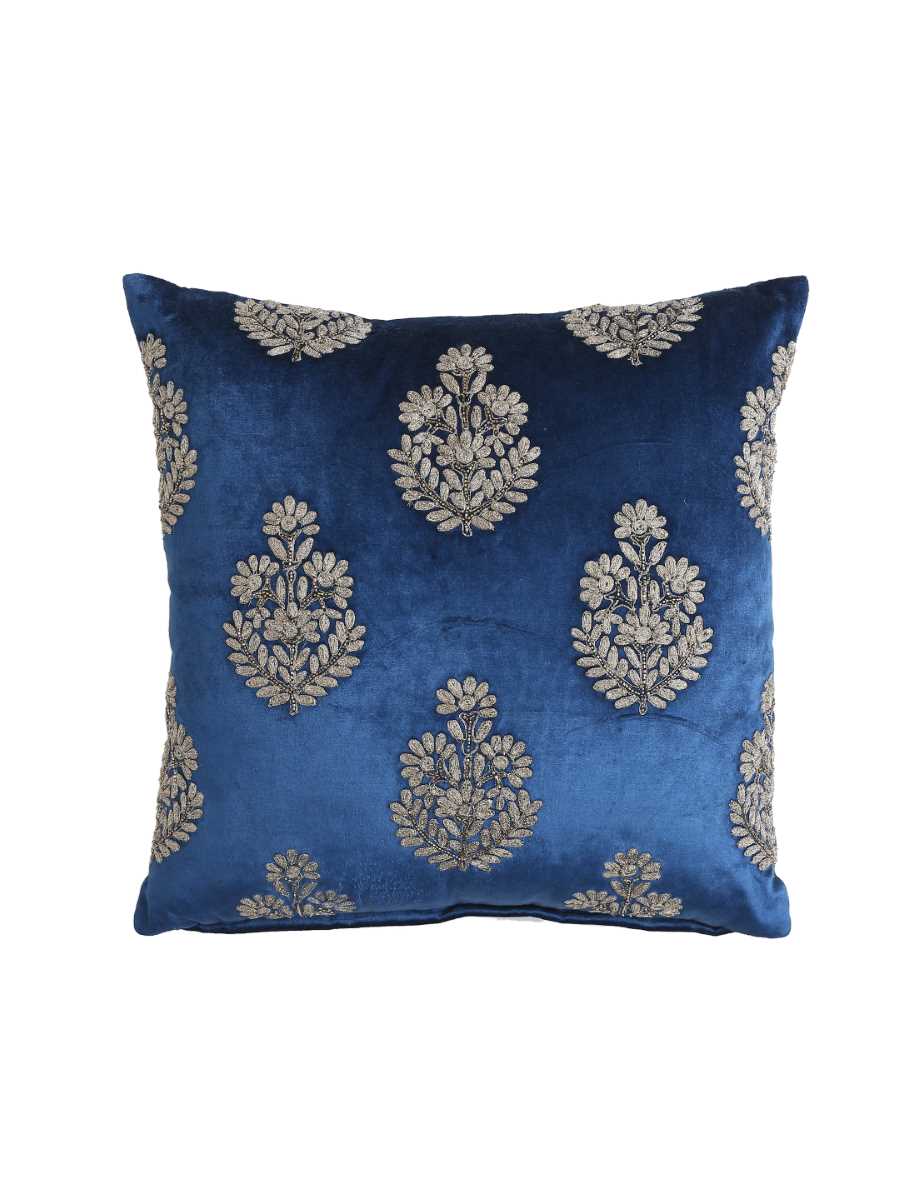 Blue Velvet Zari Embroidery And Hand Beaded Cushion Cover