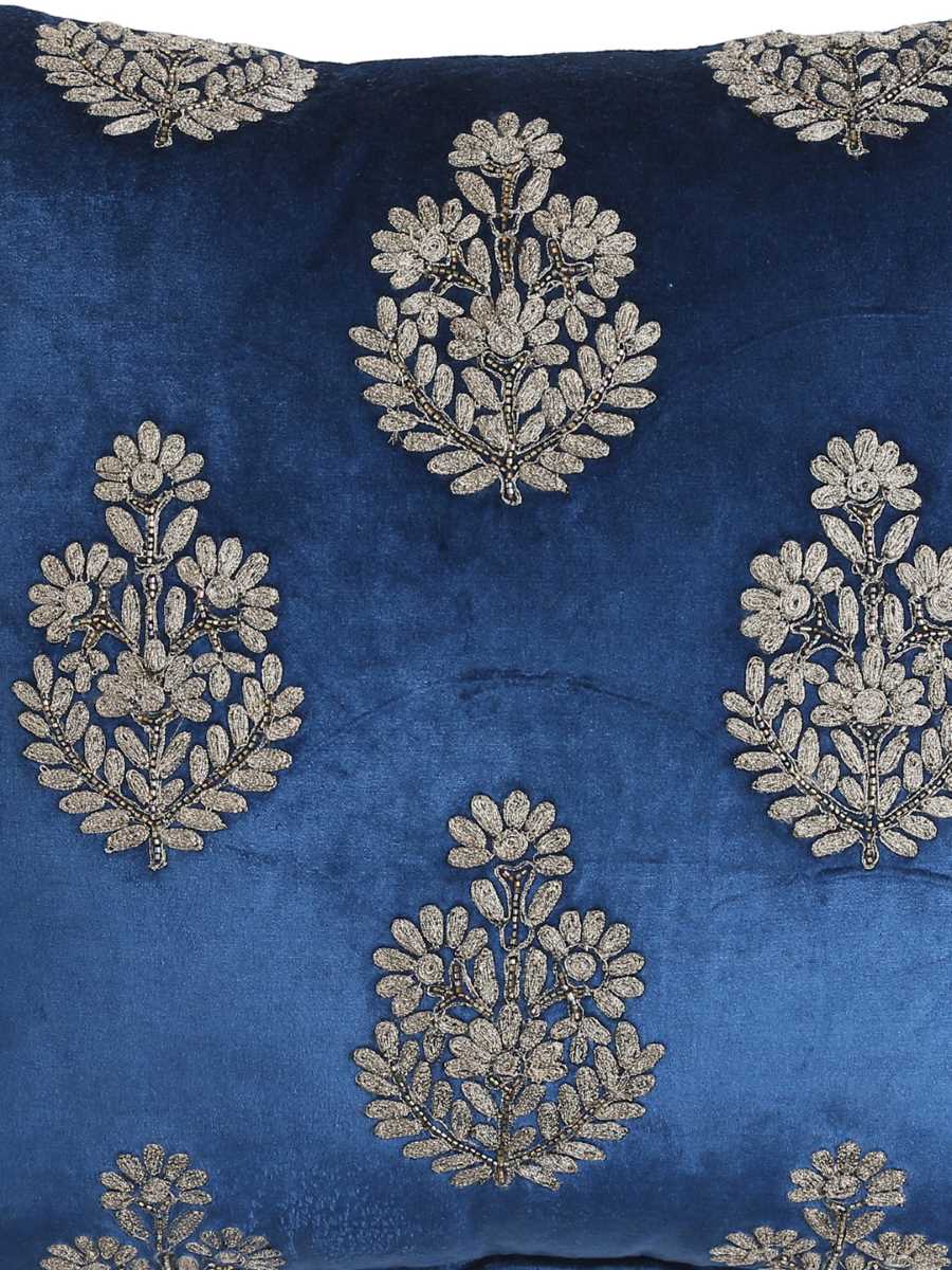 Blue Velvet Zari Embroidery And Hand Beaded Cushion Cover
