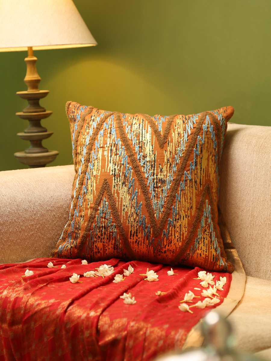 Mustard & Blue Hand Beaded Cushion Cover Wave Design