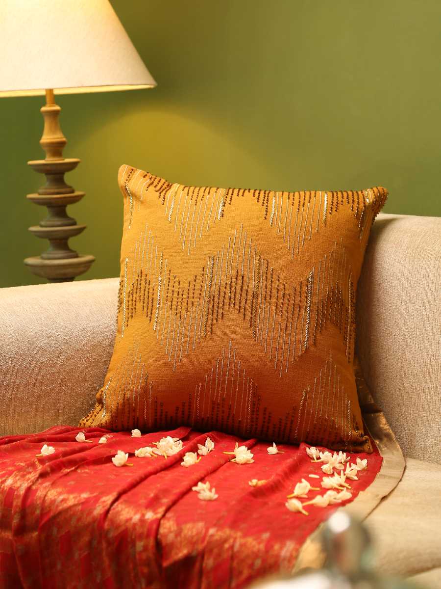 Mustard Hand Beaded Cushion Cover