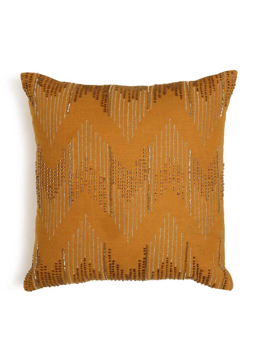 Mustard Hand Beaded Cushion Cover