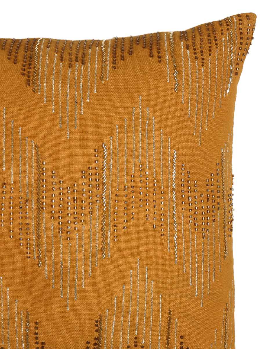 Mustard Hand Beaded Cushion Cover
