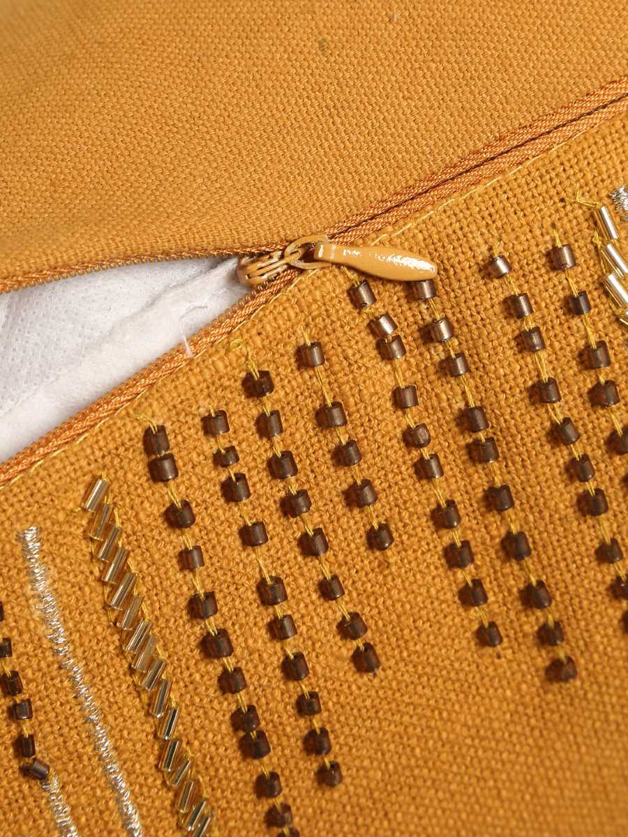 Mustard Hand Beaded Cushion Cover