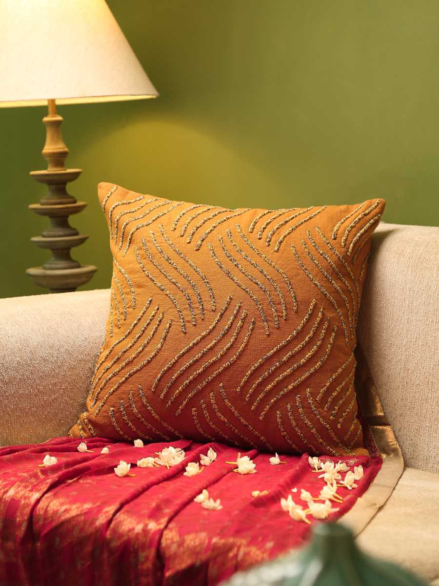 Mustard Hand Beaded Cushion Cover Wave Design