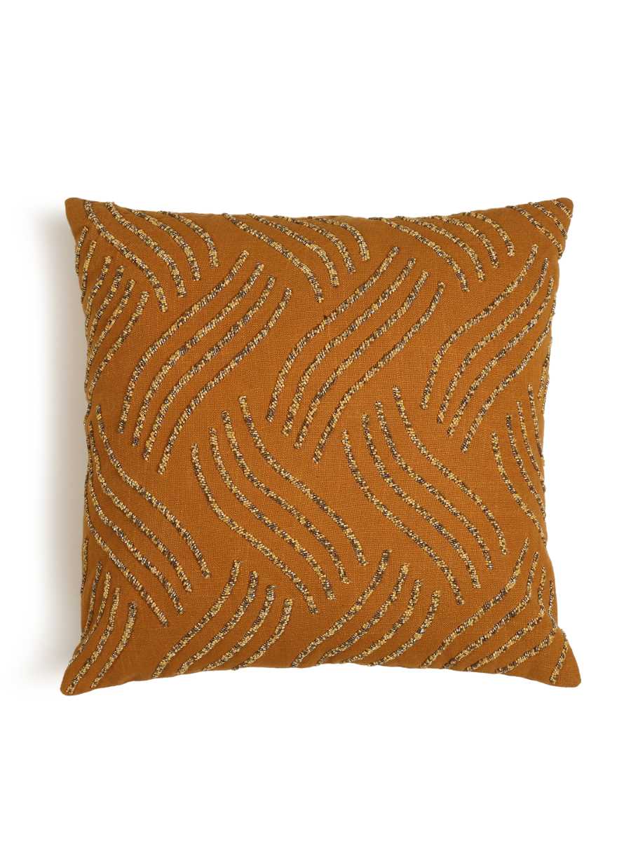 Mustard Hand Beaded Cushion Cover Wave Design