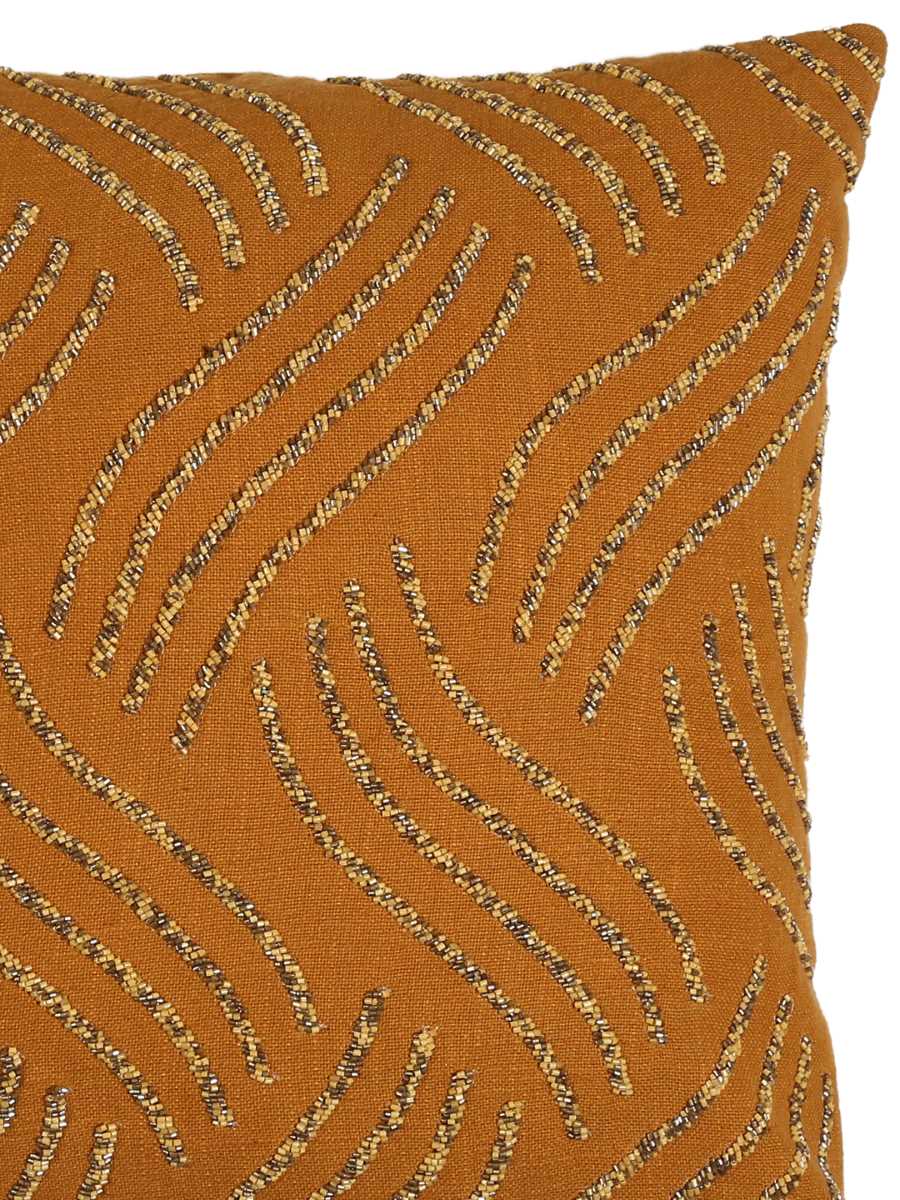 Mustard Hand Beaded Cushion Cover Wave Design