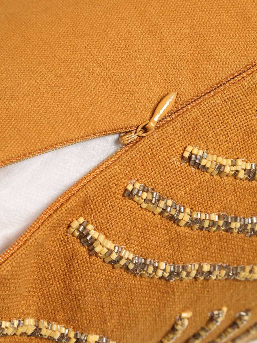 Mustard Hand Beaded Cushion Cover Wave Design