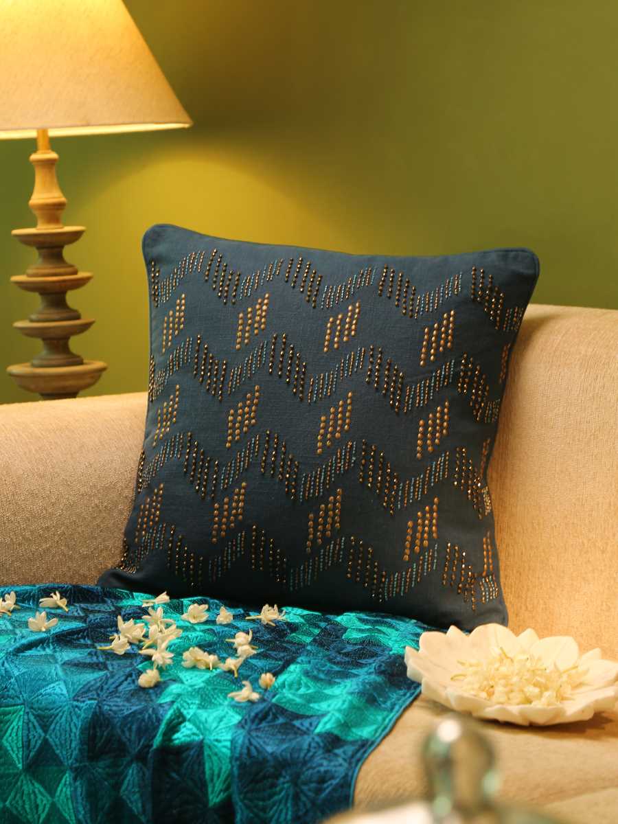 Blue Hand Beaded Cushion Cover