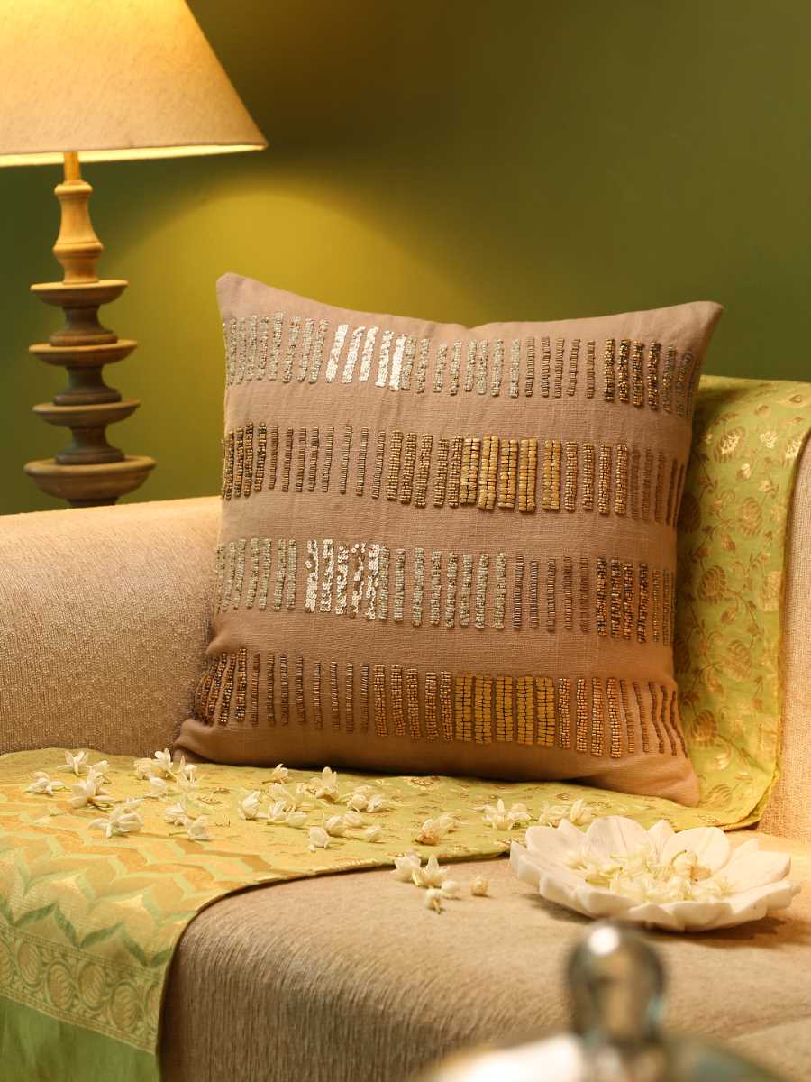 Grey Hand Beaded Cushion Cover