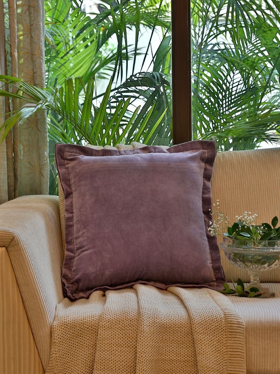Lavender Cotton Velvet Cushion Cover With Contrast Border Trim