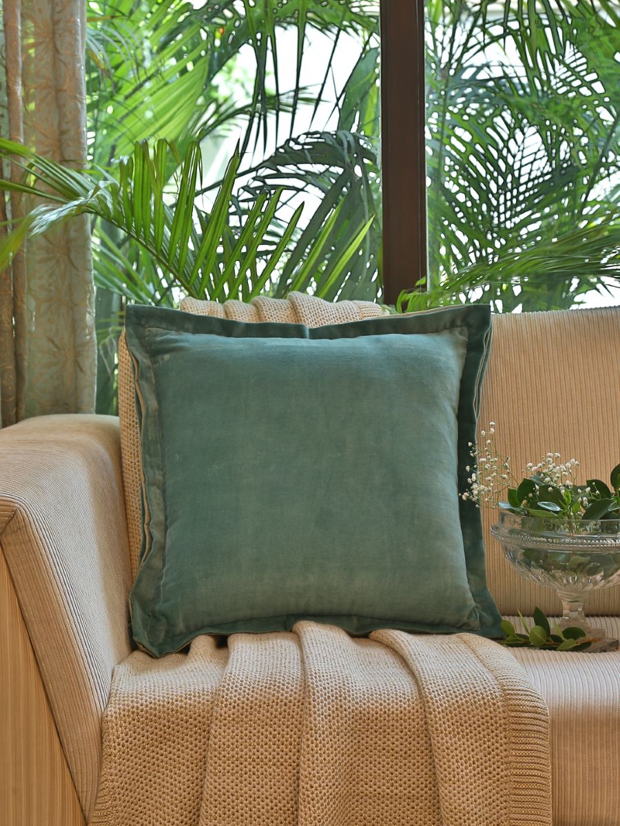 Sea Green Cotton Velvet Cushion Cover With Contrast Border Trim
