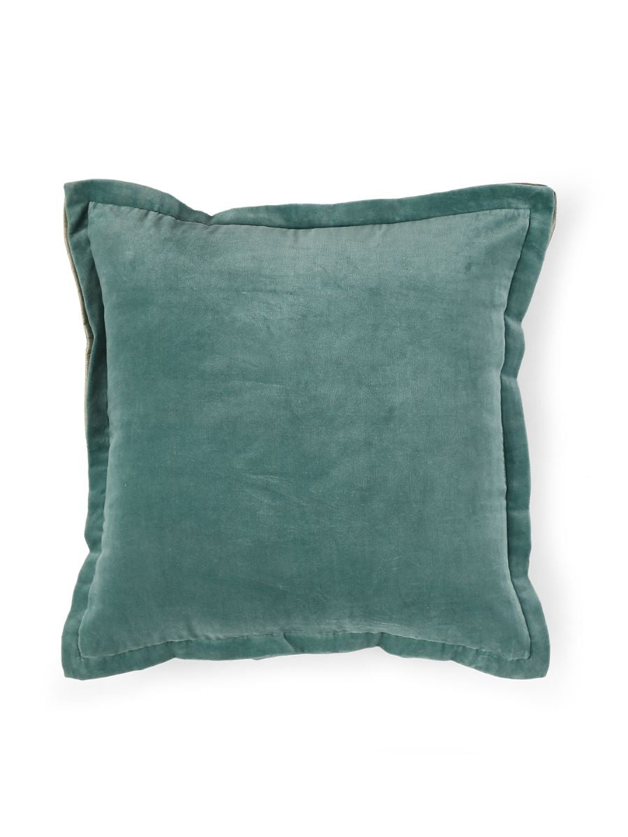 Sea Green Cotton Velvet Cushion Cover With Contrast Border Trim