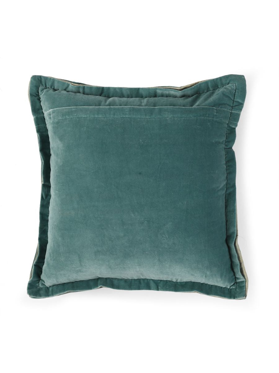 Sea Green Cotton Velvet Cushion Cover With Contrast Border Trim