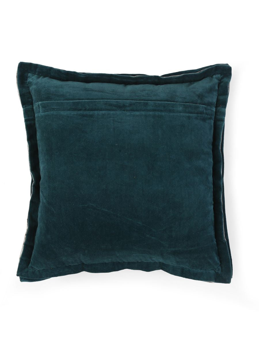 Teal Cotton Velvet Cushion Cover With Contrast Border Trim