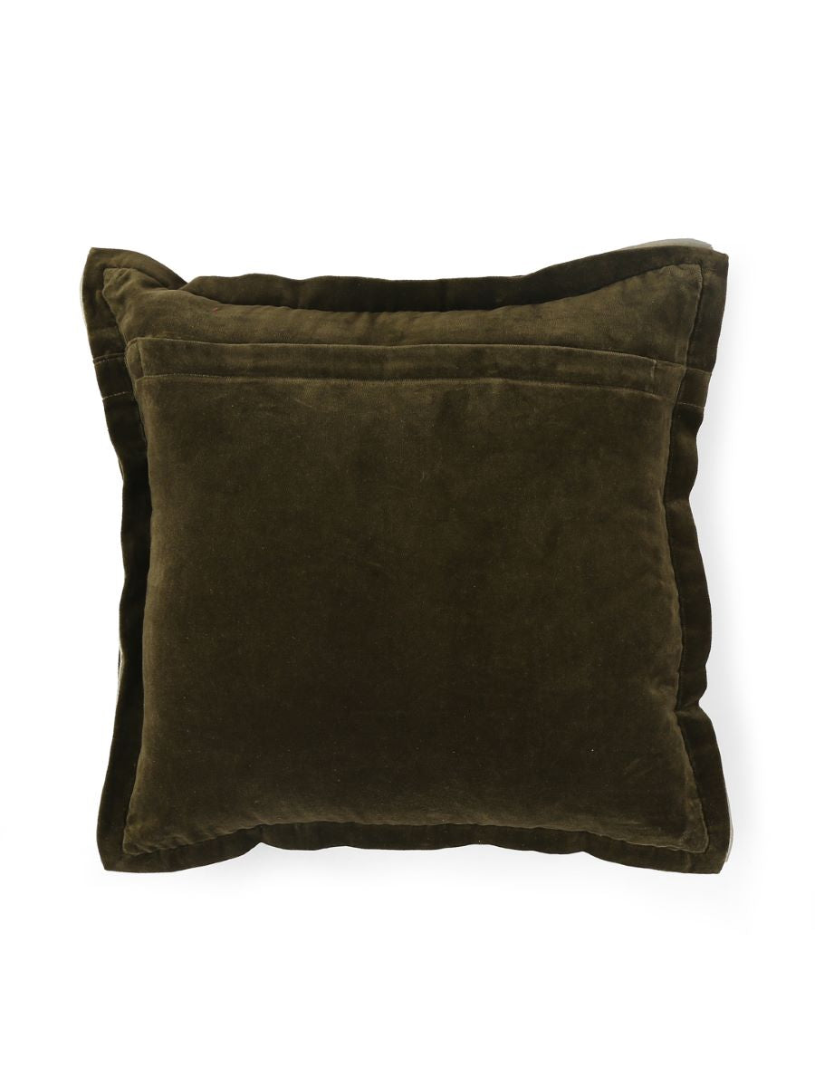 Olive Green Cotton Velvet Cushion Cover With Contrast Border Trim