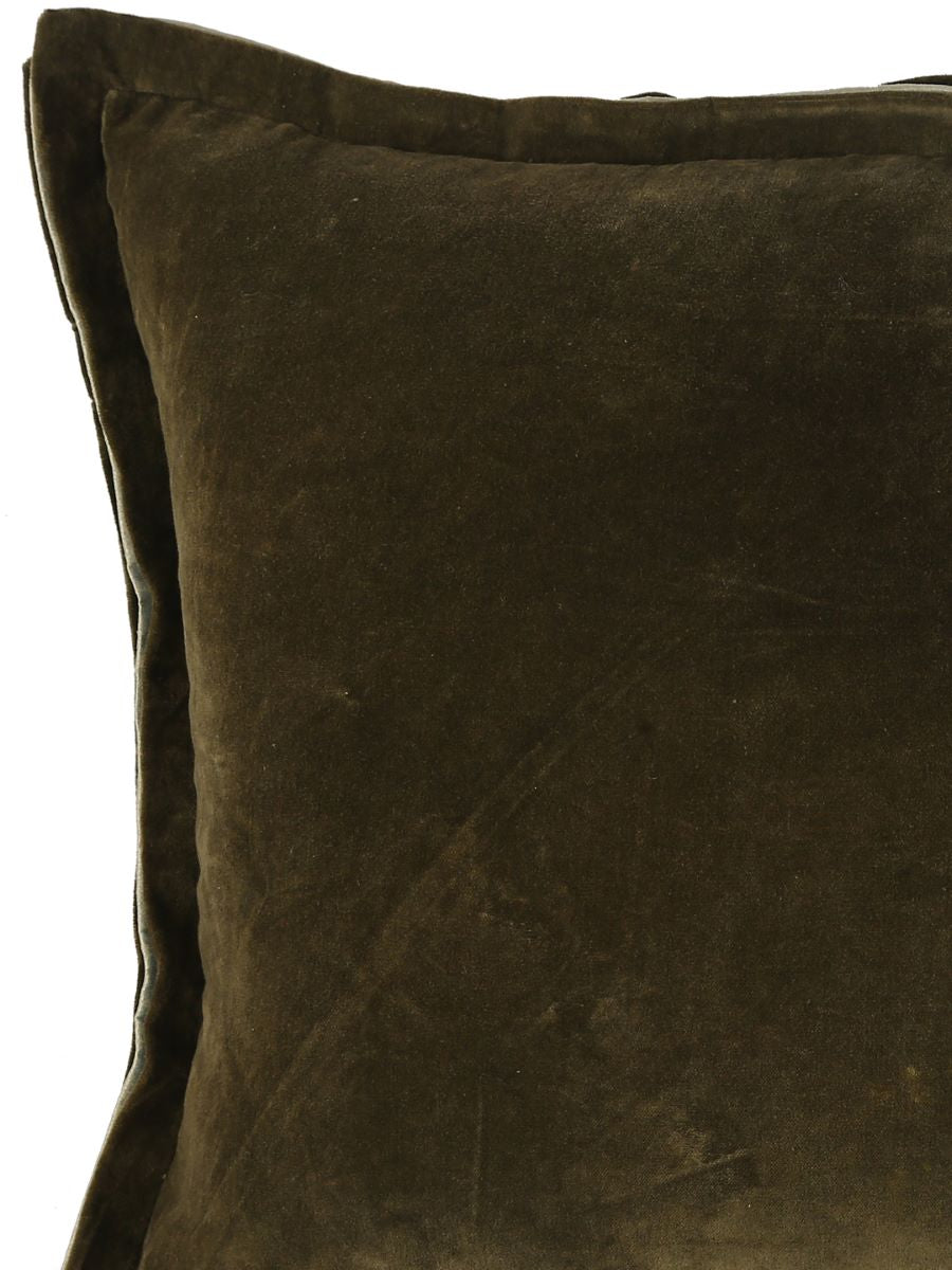 Olive Green Cotton Velvet Cushion Cover With Contrast Border Trim