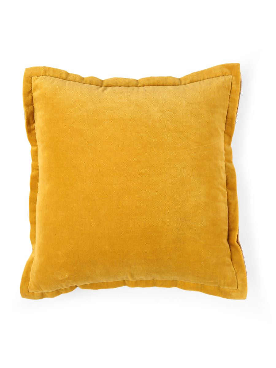 Yellow Cotton Velvet Cushion Cover With Contrast Border Trim