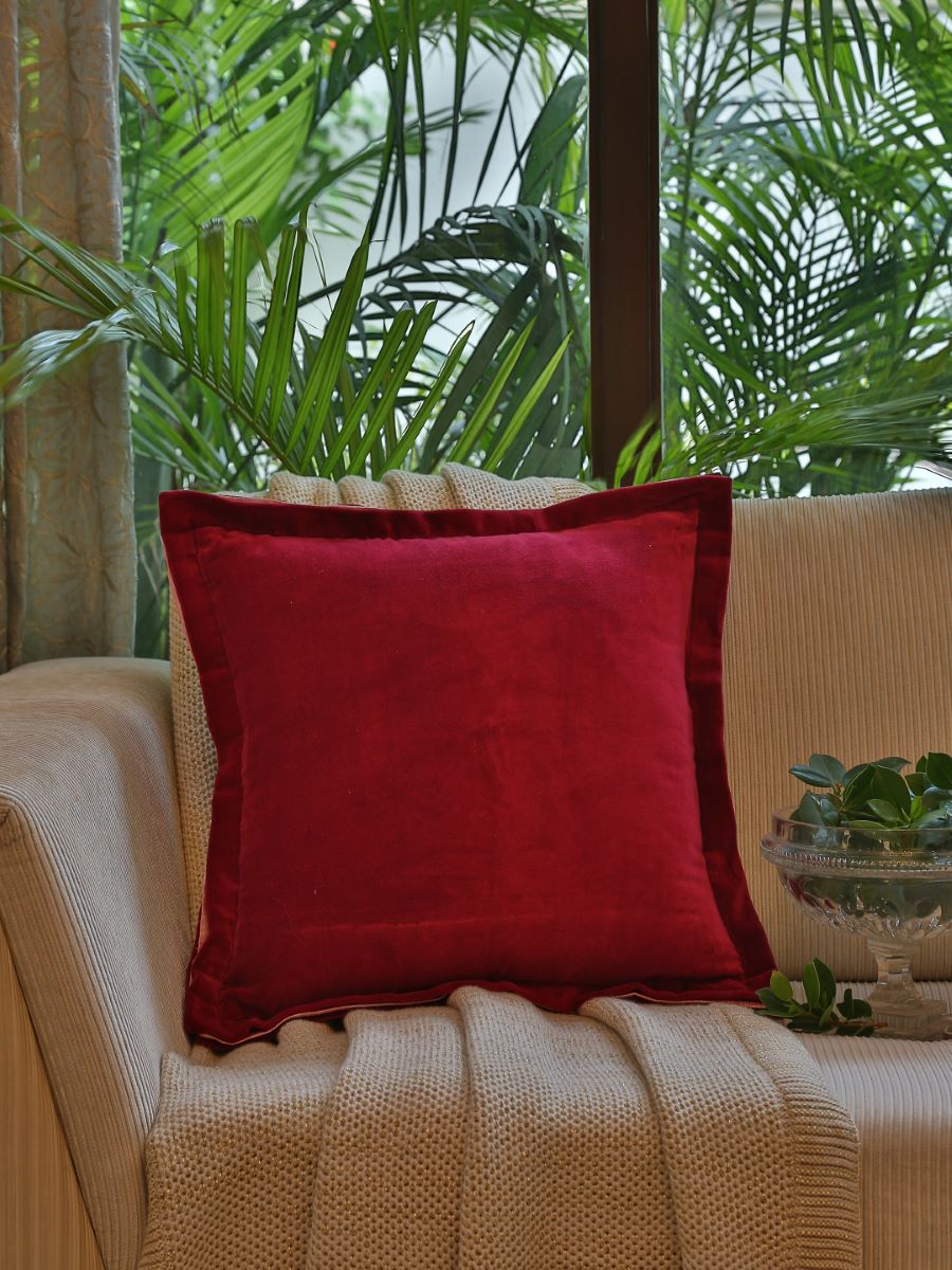 Maroon Cotton Velvet Cushion Cover With Contrast Border Trim