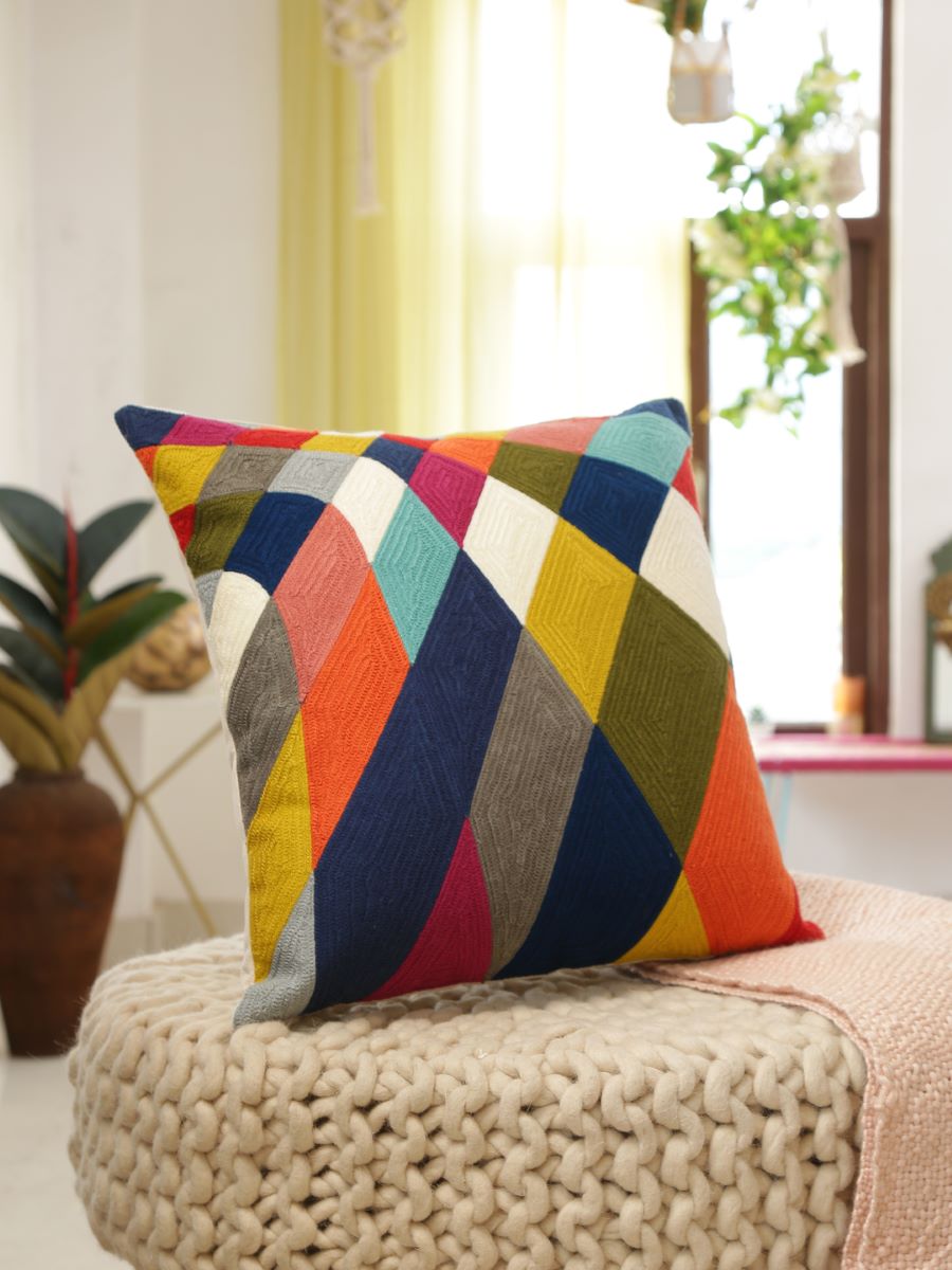 Beautiful Color Block Design Embroidered Cushion Cover