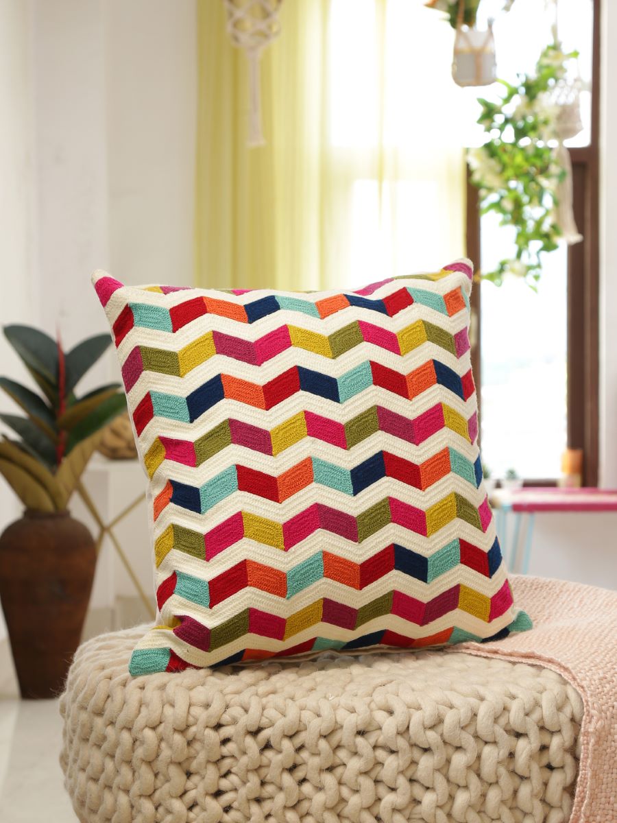 Colorful Waves Design Embroidered Cushion Cover