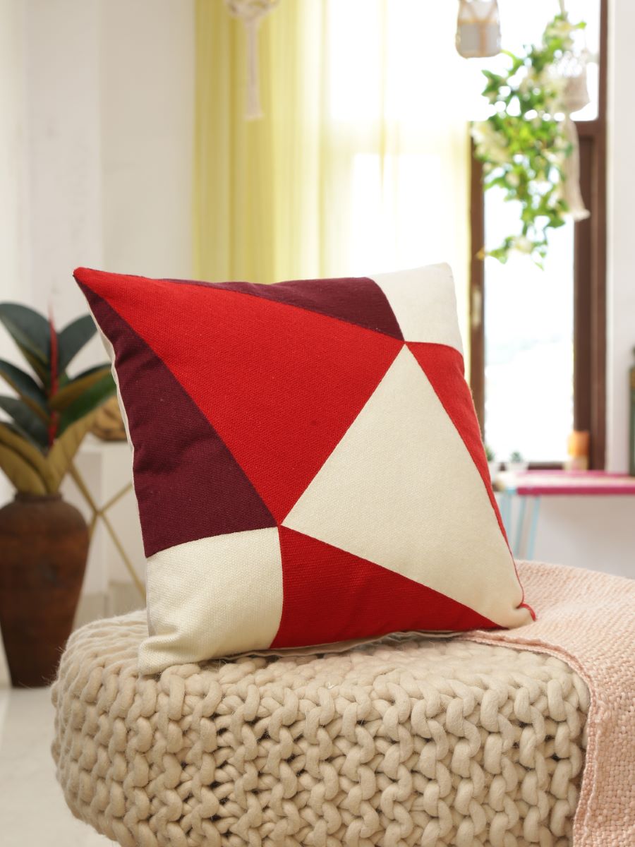 Beautiful Color Block Design Red & White Embroidered Cushion Cover