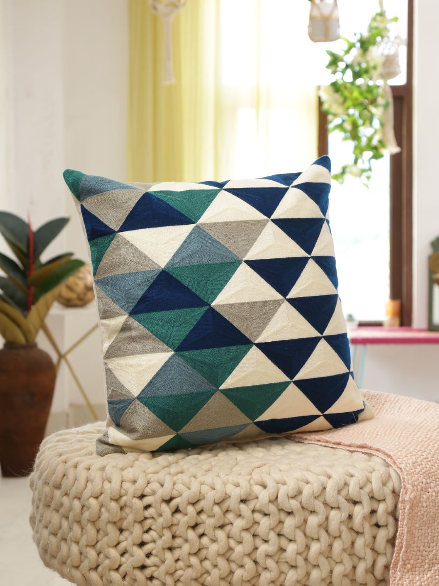 Beautiful Color Block Design Hues Of Blue, Grey & White Embroidered Cushion Cover