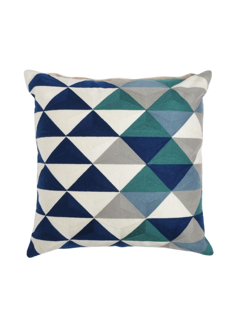 Beautiful Color Block Design Hues Of Blue, Grey & White Embroidered Cushion Cover