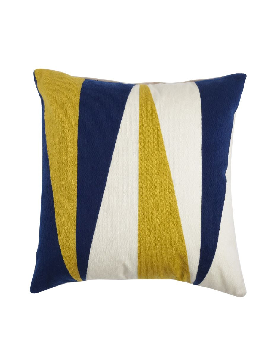 Color Block Design Embroidered Cushion Cover In Blue Mustard And White