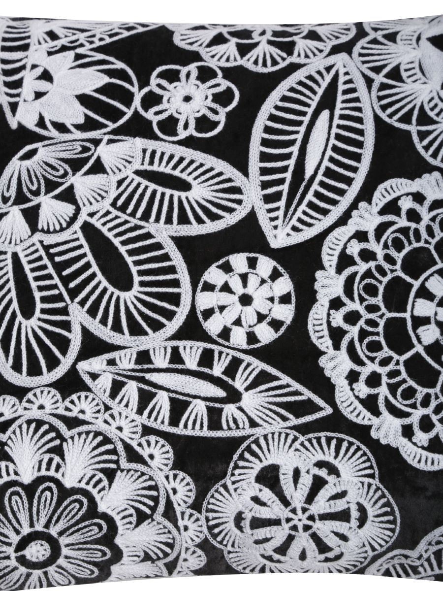 Monochrome Viscose Velvet Embroidered Cushion Cover