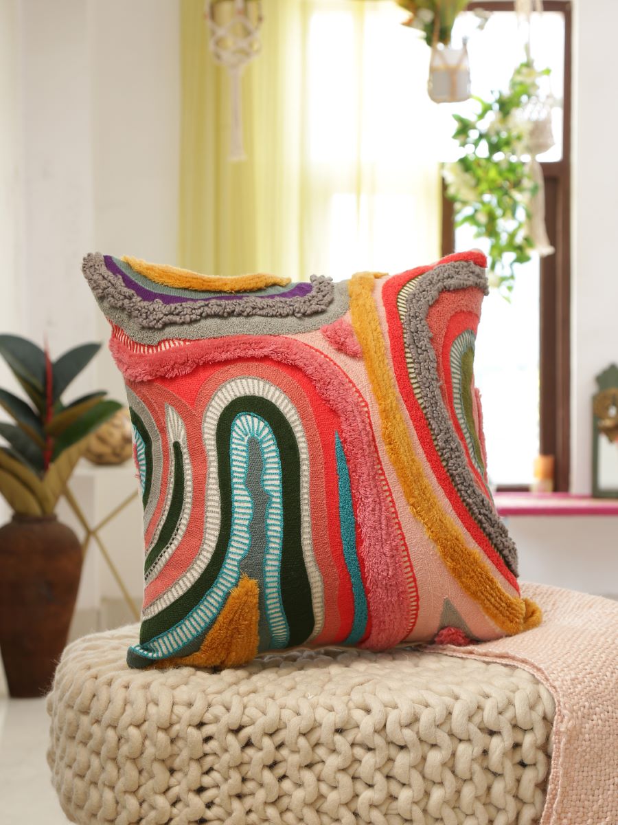 Abstract Design Tufted And Embroidered Cushion Cover