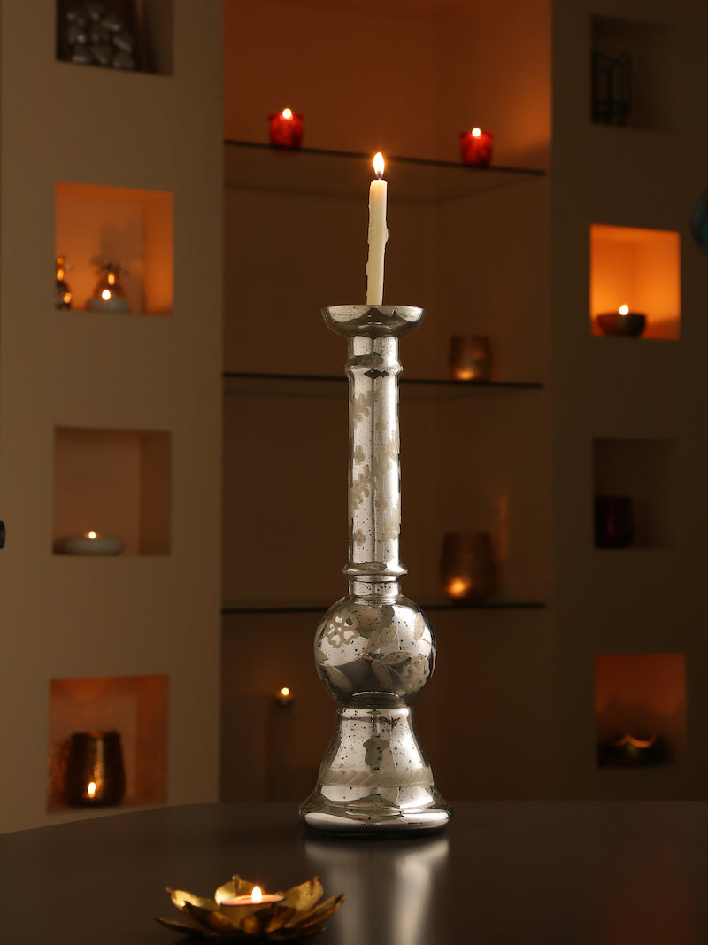 Glass Candle Holder with Flower Cut Design
