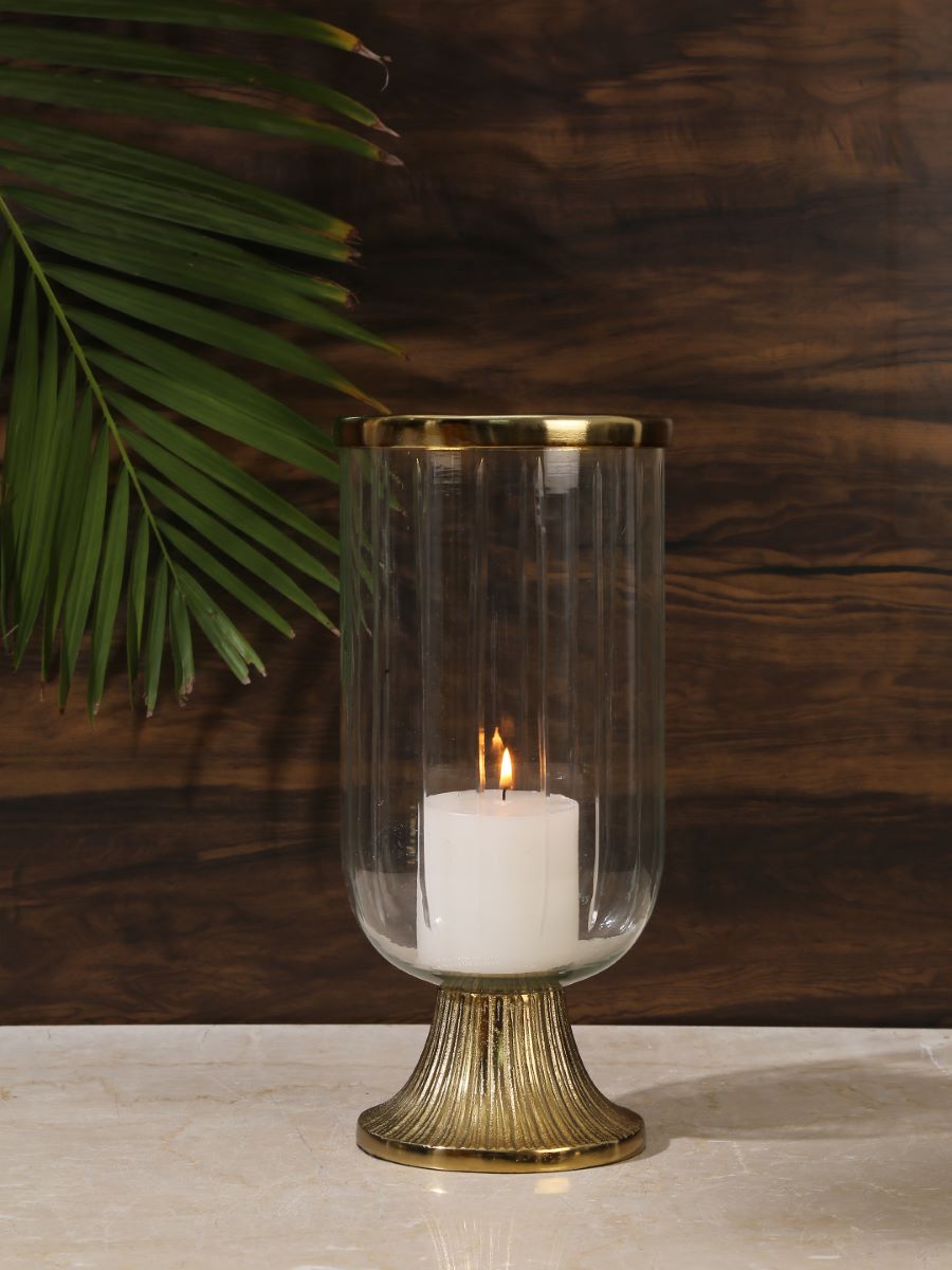 Glass Hurricane With Gold Tone Details