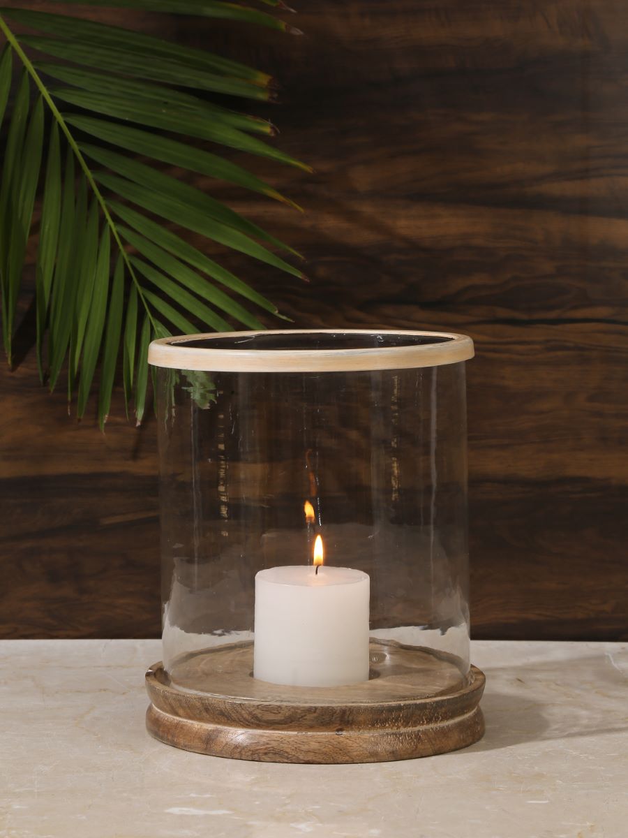 Glass Hurricane With Wooden Base