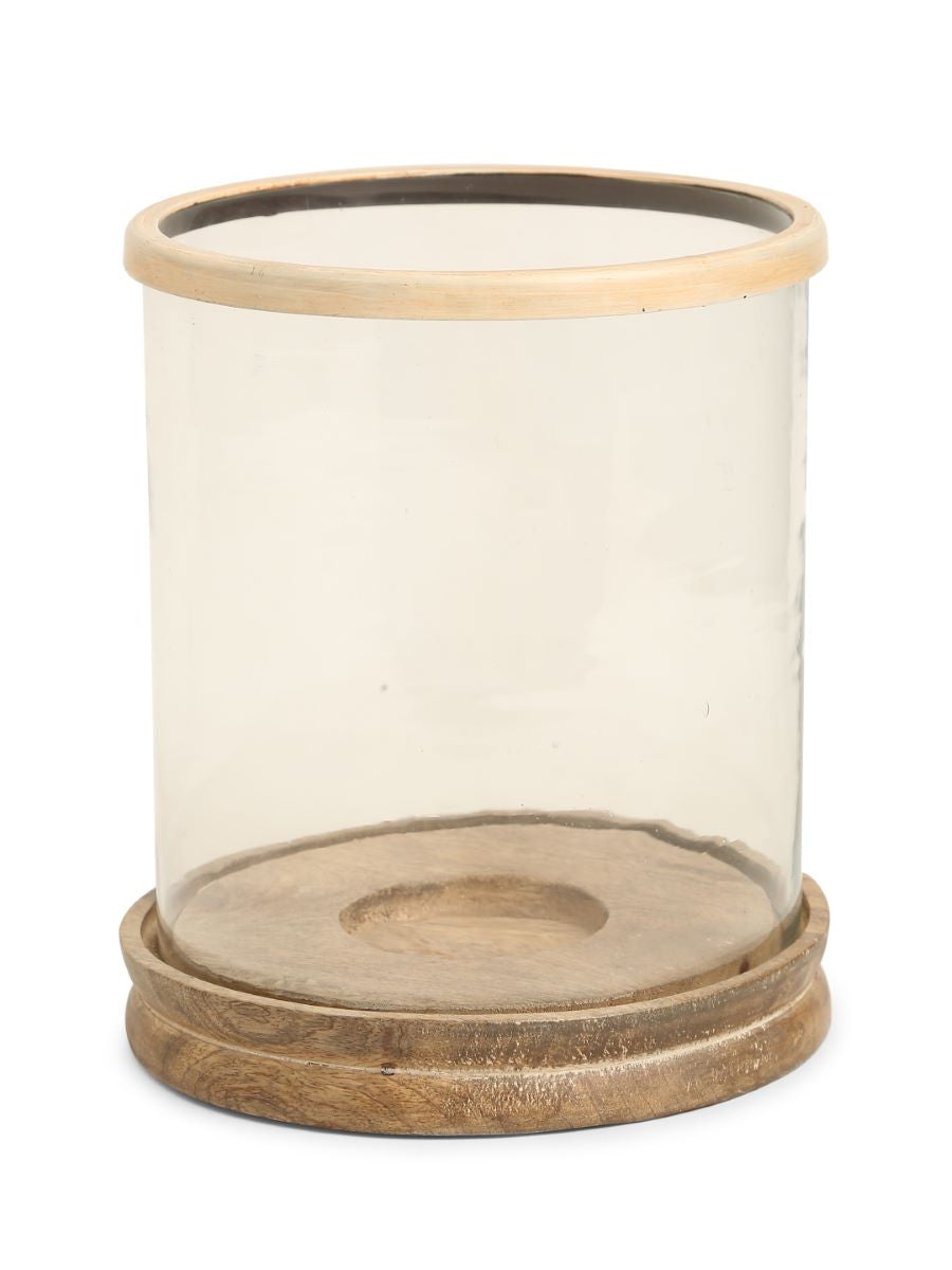Glass Hurricane With Wooden Base