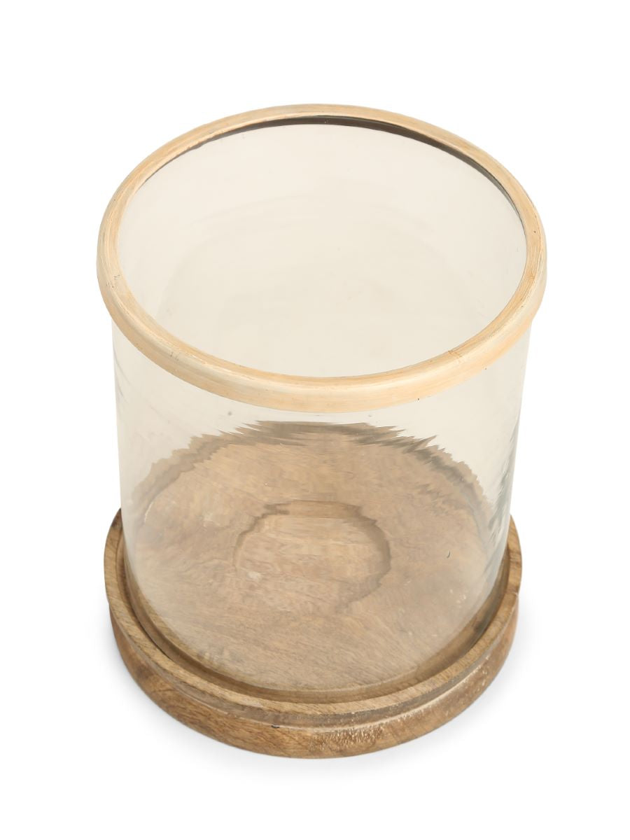 Glass Hurricane With Wooden Base