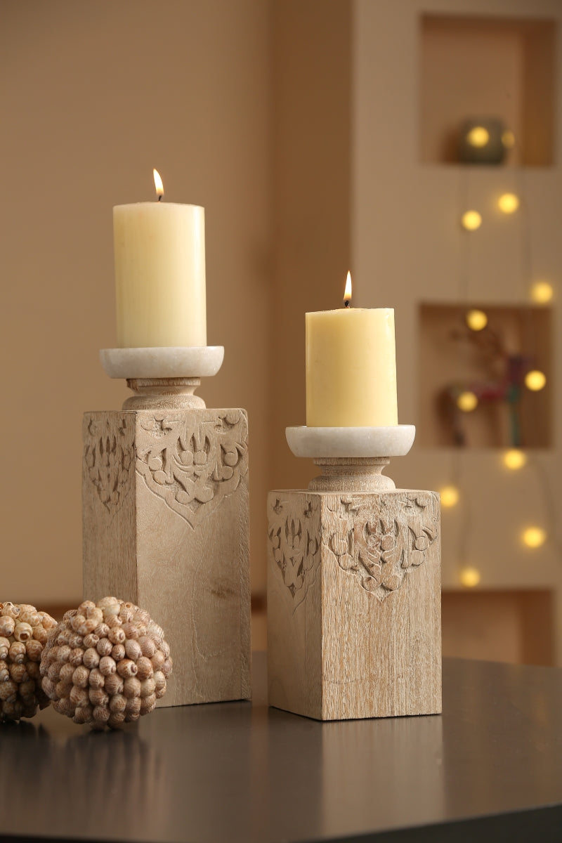 Hand Carved Candle Holders with Marble Top (Set of 2)