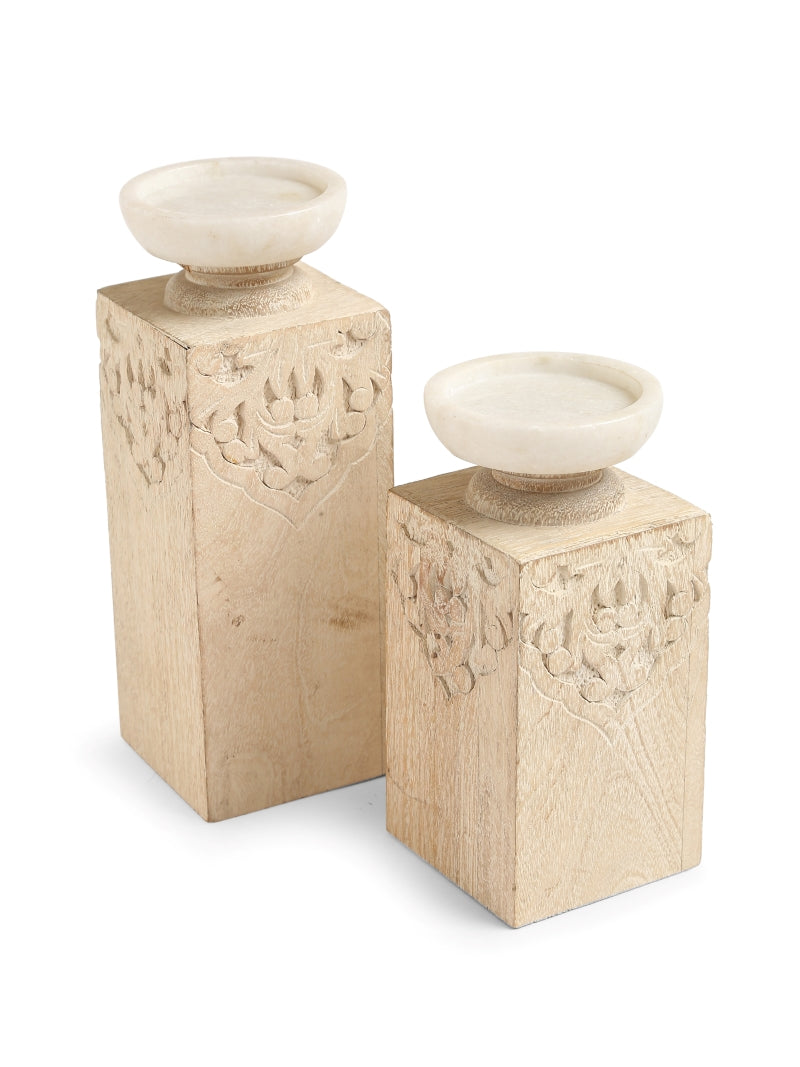 Hand Carved Candle Holders with Marble Top (Set of 2)
