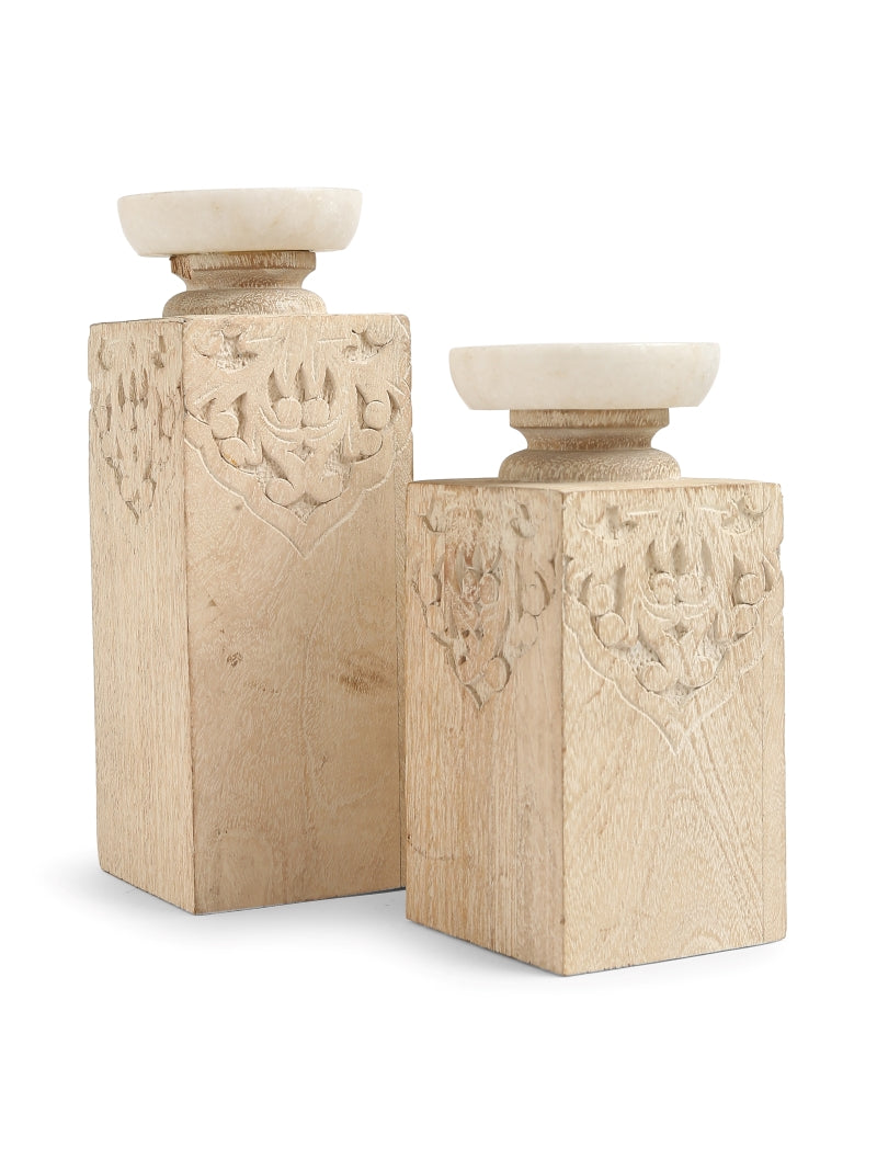 Hand Carved Candle Holders with Marble Top (Set of 2)
