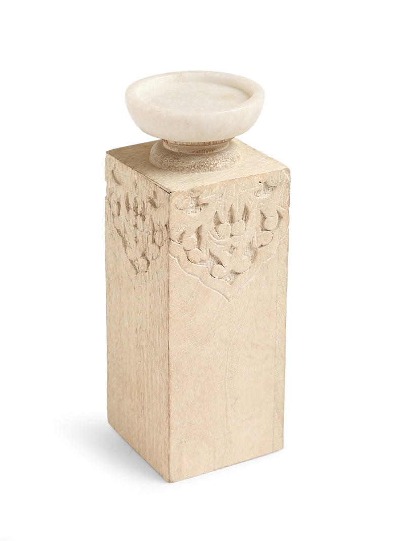 Hand Carved Candle Holders with Marble Top (Set of 2)