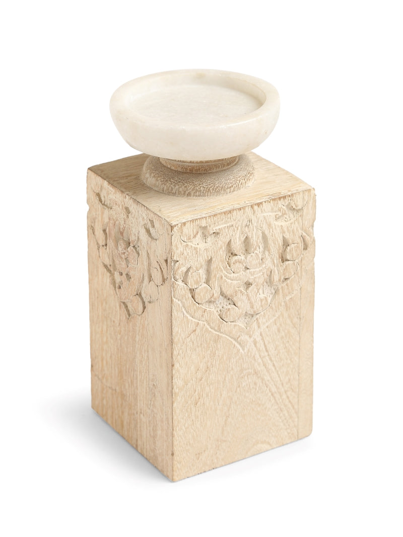Hand Carved Candle Holders with Marble Top (Set of 2)