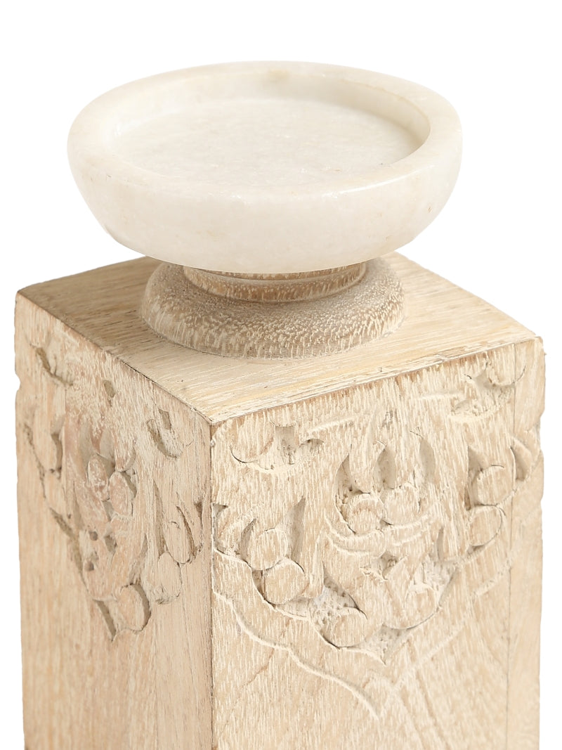 Hand Carved Candle Holders with Marble Top (Set of 2)