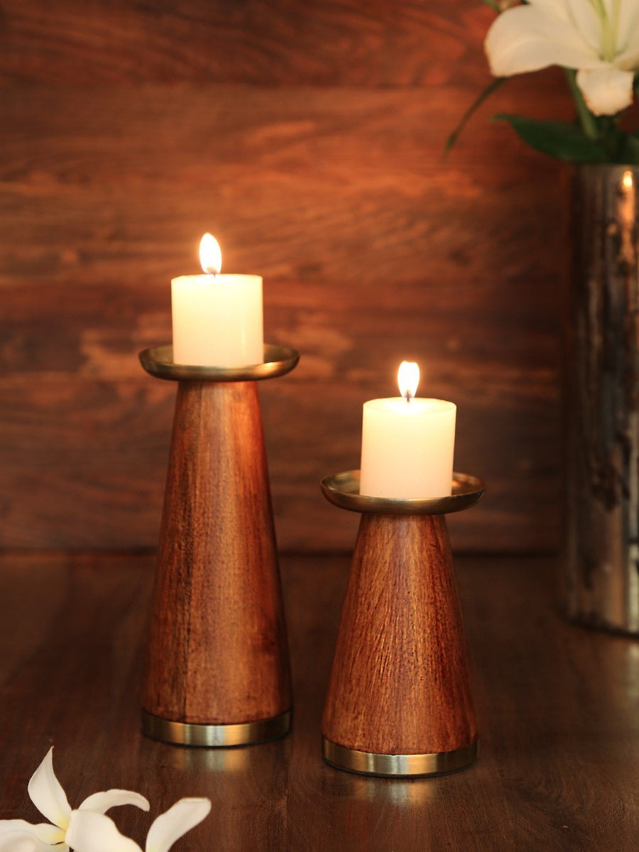 Wooden Pillar Candle Holder With Brass Top (Set Of 2)
