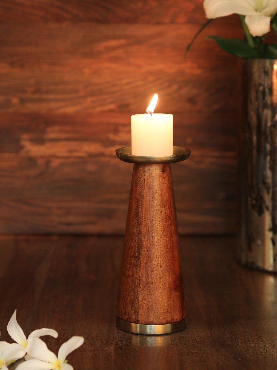 Wooden Pillar Candle Holder With Brass Top (Set Of 2)