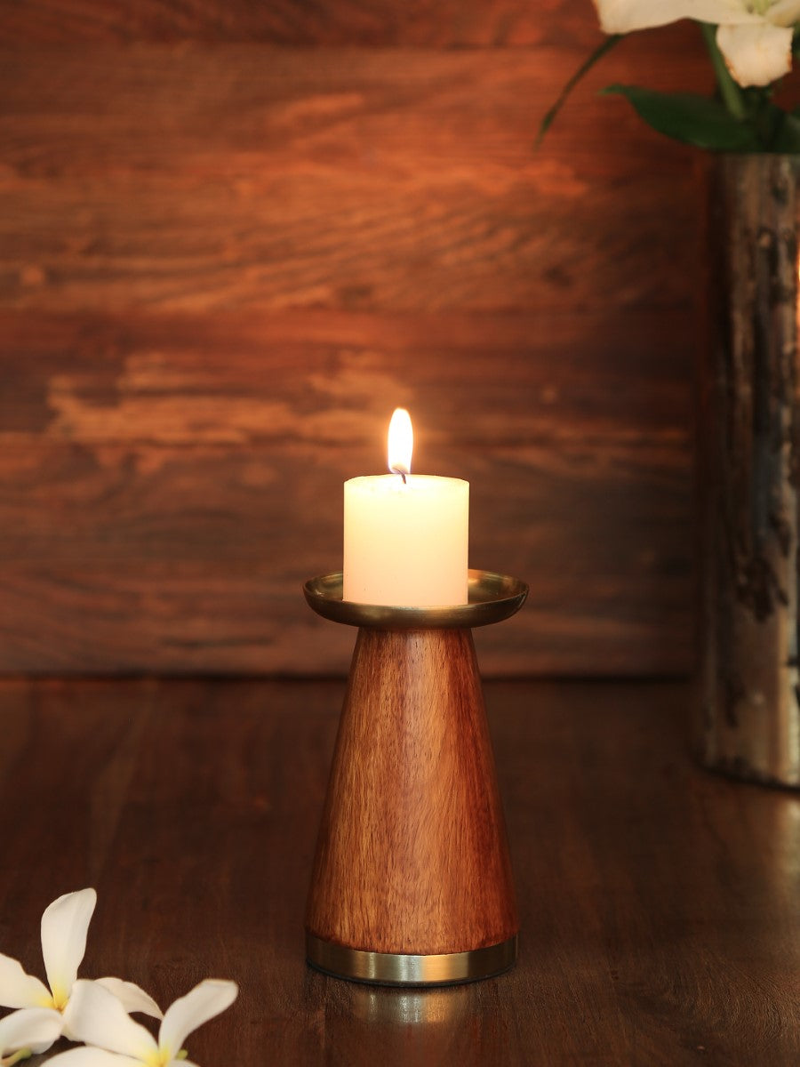 Wooden Pillar Candle Holder With Brass Top (Set Of 2)