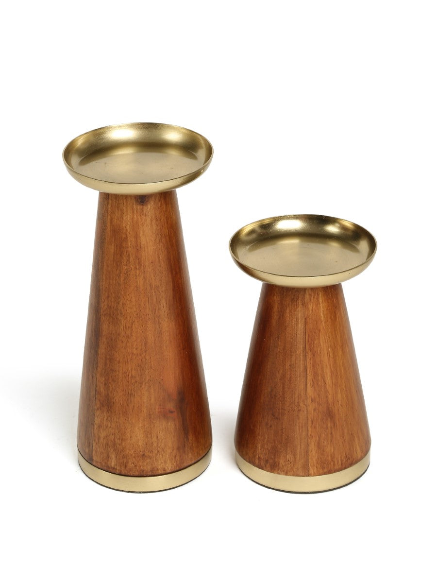 Wooden Pillar Candle Holder With Brass Top (Set Of 2)